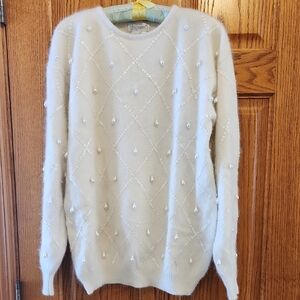 80's Ivory Angora Rabbit & Wool Sweater with Sequins, Pearl Raindrop Beads